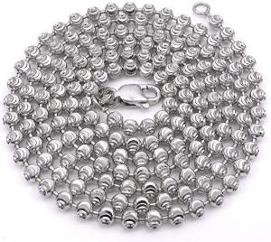 14K White Gold 2mm - 3mm Ball Bead Moon Cut Chain, FREE Microfiber Cloth, Solid Necklace 16