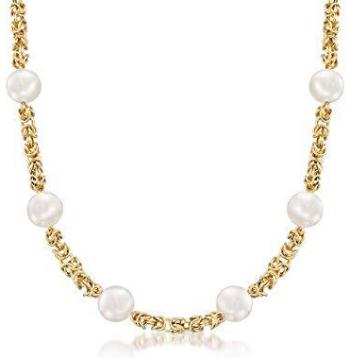 Ross-Simons 9mm Cultured Pearl and 14kt Yellow Gold Byzantine Station Necklace