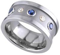 Alain Raphael Ursanne Stylish 10mm Wide Comfort fit Sapphire And Diamond Titanium Wedding Band