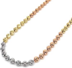 14K Tri-Color Gold 2mm Ball Bead Moon Cut Chain, FREE Microfiber Cloth, Solid Dog Tag Necklace