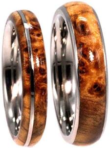 Black Ash Burl, Titanium Pinstripe Ring, His and Hers Wedding Band Set