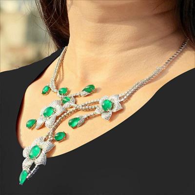 Solid 18k White Gold Genuine 43.61 Ct. Emerald Gemstone Flower Pendant Necklace Diamond Earrings Handmade Jewelry