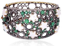 Pave Diamond Oxidized Bangle Bracelet Emerald Gemstone 925 Sterling Silver Handmade Jewelry