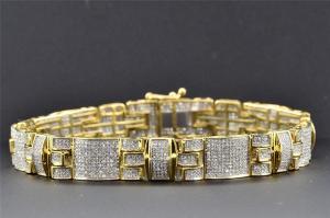 10K Yellow Gold Mens Genuine Diamond Link Bracelet Round Pave Set 8.5 Inches