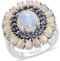925 Sterling Silver Platinum Plated Opal Tanzanite Cocktail Ring Gift Jewelry for Women