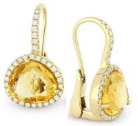 14K Yellow Gold Special Cut Shape 3.75ct Citrine & 0.46ct White Diamond Halo Dangle Earrings
