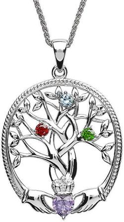 Customizable Irish Family Claddagh Tree of Life Birthstone Mother and 3 Children Pendant with Chain Mother's Day Jewelry