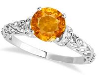 (1.62ct) 14k White Gold Citrine and Diamond Antique-Style Engagement Ring