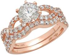 1.55ct Round Cut Halo Pave Solitaire Split Shank Accent Moissanite and Simulated Diamond Engagement Promise Ring Curved Band 14k Rose Gold