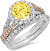 1.84ct Round Cut Pave Halo Split Shank Solitaire with Accent Canary Yellow Simulated Diamond CZ Engagement Wedding Bridal Ring Band Set 14k 2 Tone Gold