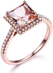 7mm Princess Cut Pink Morganite 14k Rose Gold Engagement Ring Diamond Halo Wedding Band Bridal Promise