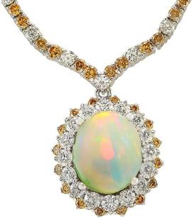 18.12 Carat Natural Multicolor Opal and Fancy Yellow Diamond (Fancy Color, VS1-VS2 Clarity) 14K White Gold Luxury Necklace for Women