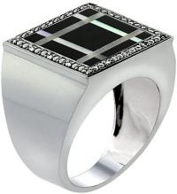 10k White Gold Diamond Natural Onyx & Mother of Pearl Mosaic Ring Square Grid