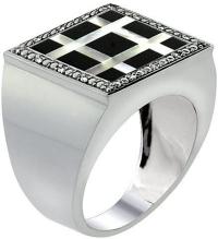 10k White Gold Diamond Natural Onyx & Mother of Pearl Mosaic Ring Small Grid