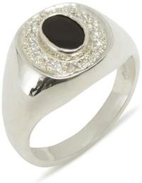 14k White Gold Natural Onyx & Cubic Zirconia Mens Signet Ring