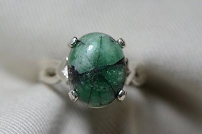 7.78 Carat Trapiche Emerald Ring,Certified Emerald Cabochon Solitaire In Sterling Silver