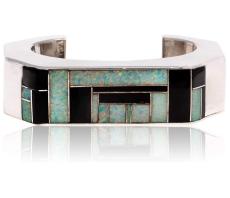 Inlay Silver Certified Zuni Native American Opal Onyx Cuff Bracelet