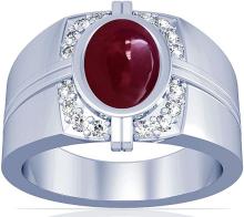 18K White Gold Cabochon Cut Ruby With Pave Set Round Diamond Accents Mens Ring (GIA Certificate)