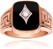 Luxurman Mens 14k Gold Natural Black Onyx and 0.1 Ctw Diamond Ring For Him