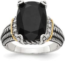 Solid 925 Sterling Silver 14k Yellow Gold Black Onyx and White Diamond Ring Band