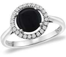 14K White Gold Natural Black Onyx Halo Engagement Ring Round 8 mm