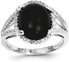 Sterling Silver Rhodium-plated Onyx and Diamond Ring
