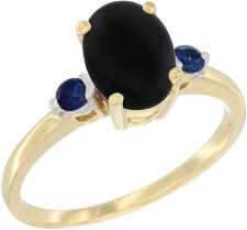 10K Yellow Gold Natural Black Onyx Ring Oval 9x7 mm Blue Sapphire Accent