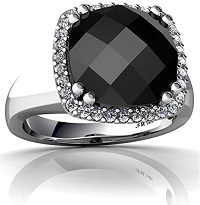 14kt Gold Black Onyx and Diamond 10mm Cushion Halo Cocktail Ring