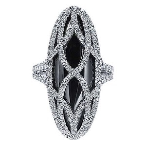 18K White Gold Long Oval Onyx Ring with Diamond Pattern Overlay
