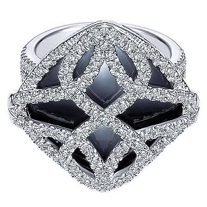 18K White Gold Cushion Cut Onyx Statement Ring with Diamond Overlay