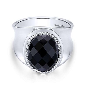 925 Sterling Silver Faceted Oval Black Onyx Wide Band Ring