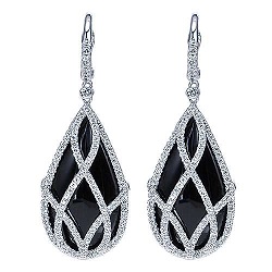 18K White Gold Caged Onyx Teardrop Diamond Earrings