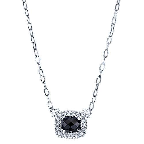 ALT925 Sterling Silver Long Cushion Cut Black Onyx Filligree Pendant