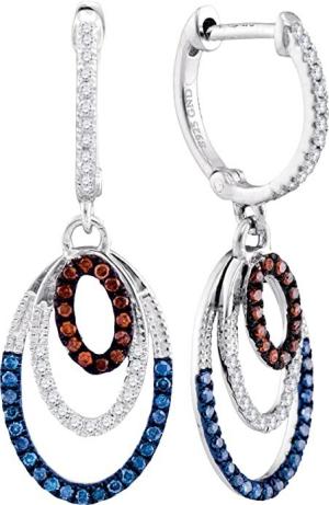 Solid 10k White Gold Round Red White And Blue Diamond Oval Halo Prong Set Dangle Earrings