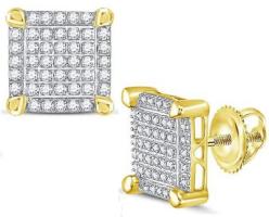 Solid 10k Yellow Gold Men's Round Diamond Square Cluster Stud Earrings