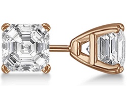 18k Gold H SI 1ct Modern Asscher Cut 4-Prong Basket Diamond Earrings