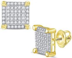 Solid 10k Yellow Gold Men's Round Diamond Square Cluster Stud Earrings