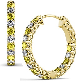 Yellow & White Diamond Inside-Out Hoop Earrings with Side Gallery Work 0.88 ctw 14K Yellow Gold