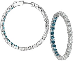 8 Carat G-H & Blue Diamond Round Hoop Dangling In & Out 14K White Gold Pair Women Unisex Earring