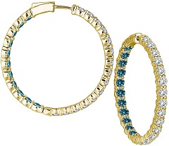 8 Carat G-H & Blue Diamond Round Hoop Huggies In & Out 14K Yellow Gold Pair Women Unisex Earring