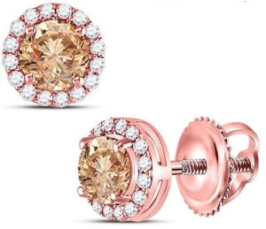 Solid 14k Rose Gold Round Chocolate Brown Diamond Stud Earrings 1.00 Ct