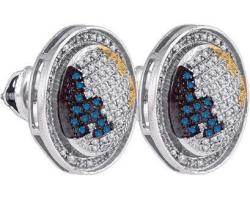 Solid 925 Sterling Silver Men's Round Blue Yellow Diamond Circle Stud Earrings