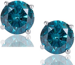 1 Carat Premium Blue Diamond Solitaire Screw Back Stud Earrings Pair in 14k White Gold   