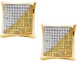 Solid 10k Yellow Gold Men's Round Yellow Diamond Square Kite Cluster Screwback Earrings