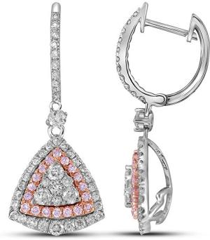 Solid 14k Rose And White Gold Round White And Pink Diamond Trillion Halo Channel Set Dangle Earrings (1.5 cttw)