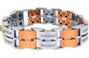14k White And Rose Gold Mens 2-Row Round Diamond Bracelet 3.22 Carats