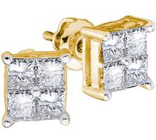 Solid 14k Yellow Gold Princess Cut Diamond Square Cluster Stud Earrings