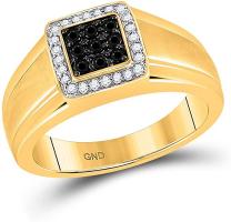 10kt Yellow Gold Mens Round Black Color Enhanced Diamond Square Cluster Ring