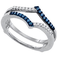 Solid 10k White Gold Round Blue and White Diamond Channel Set Curved Ring Jacket Wedding Band OR Fashion Ring (1/5 cttw)
