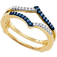 Sonia Jewels 10K Yellow Gold Blue & White Round Diamond Ring Jacket Wedding Band Ring - Channel Setting - Curved Notched Band